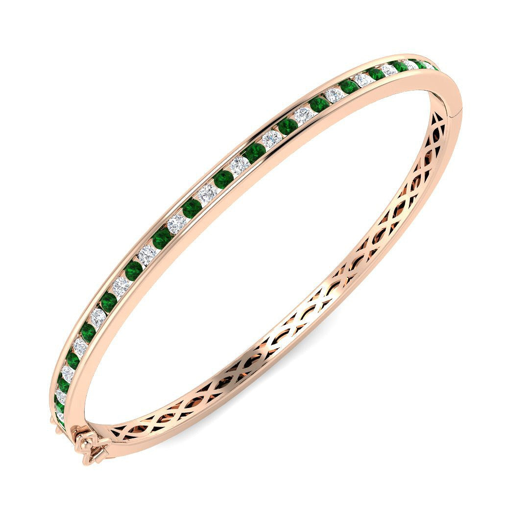 18K White Gold Natural Diamond and Emerald Channel Set Hinged Bangle with Box Clasp