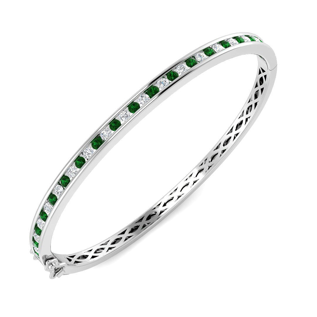 18K White Gold Natural Diamond and Emerald Channel Set Hinged Bangle with Box Clasp