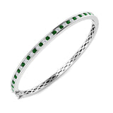 18K White Gold Natural Diamond and Emerald Channel Set Hinged Bangle with Box Clasp