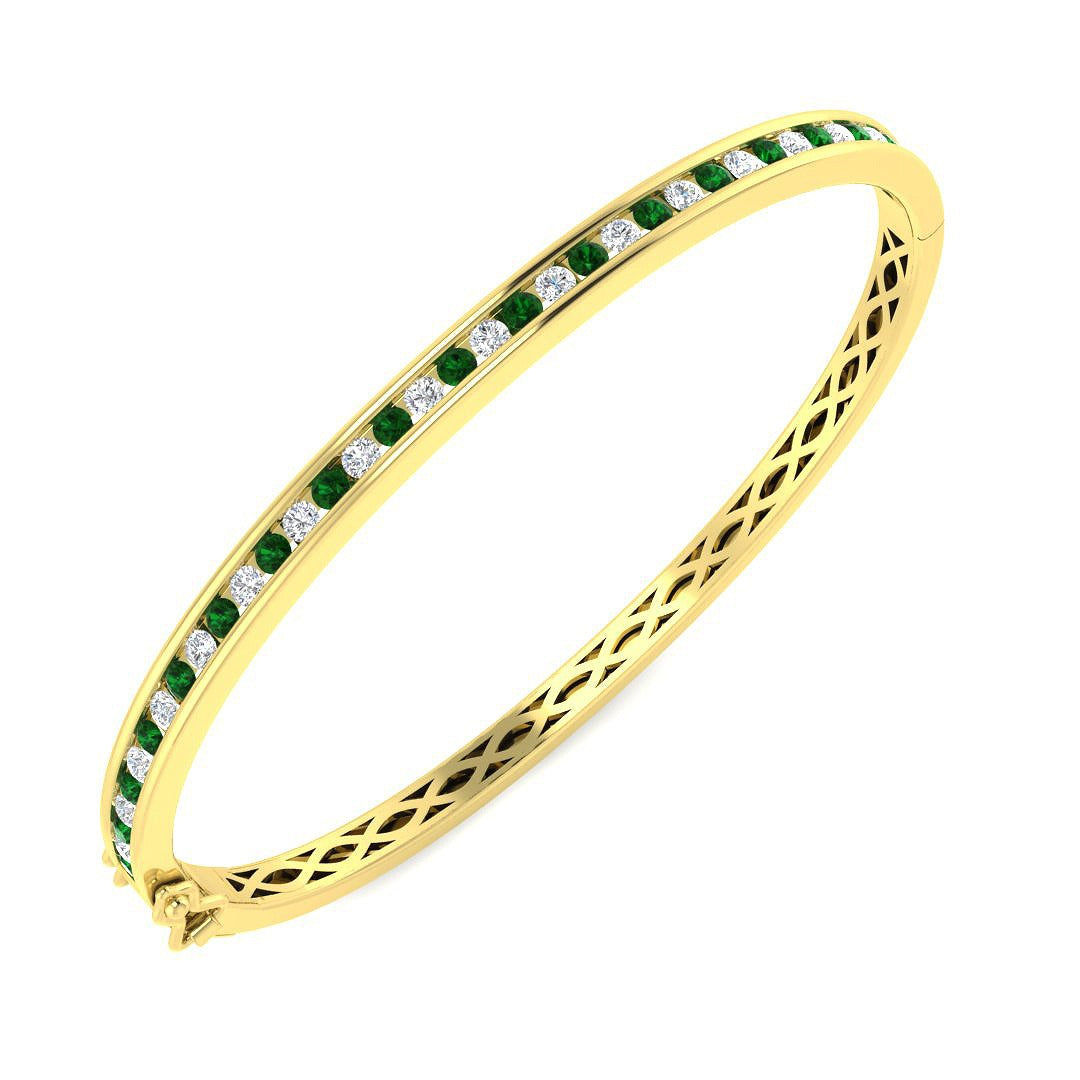 18K White Gold Natural Diamond and Emerald Channel Set Hinged Bangle with Box Clasp