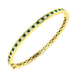 18K White Gold Natural Diamond and Emerald Channel Set Hinged Bangle with Box Clasp