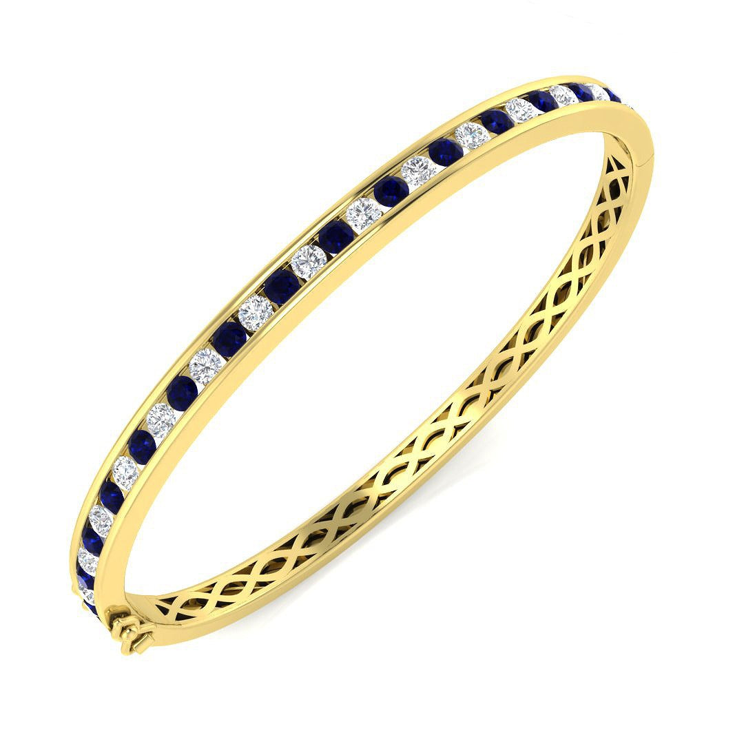 9K Yellow Gold Blue Sapphire and Natural Diamond Channel Set Gemstone Bangle