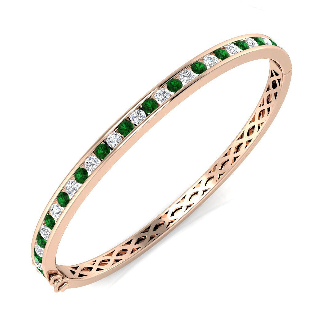 18K White Gold Natural Diamond and Emerald Channel Set Hinged Bangle with Box Clasp