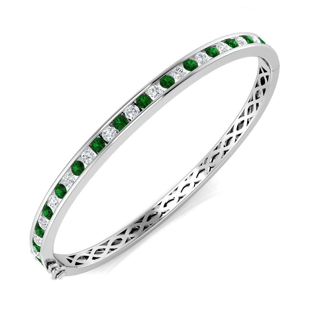 18K White Gold Natural Diamond and Emerald Channel Set Hinged Bangle with Box Clasp