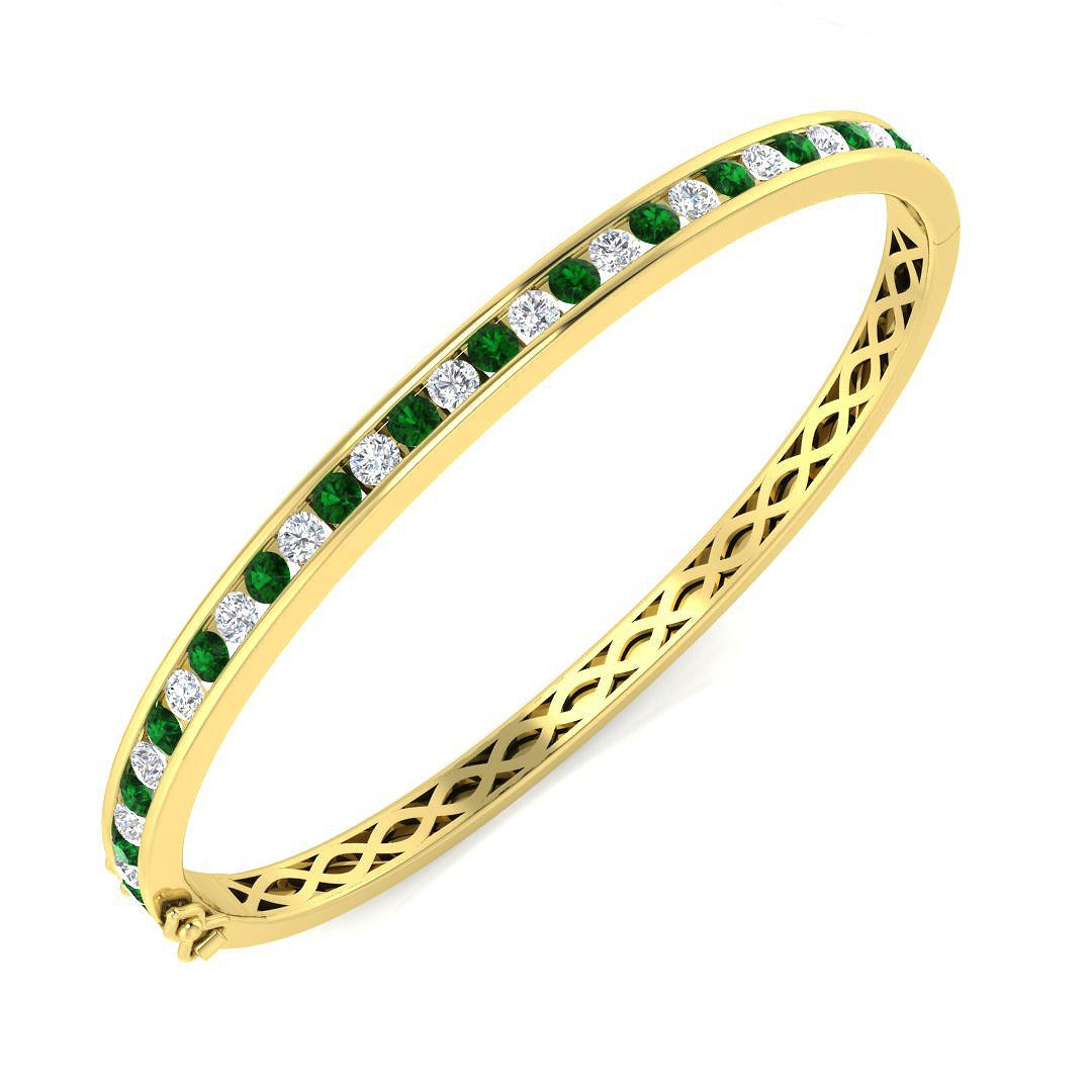 18K White Gold Natural Diamond and Emerald Channel Set Hinged Bangle with Box Clasp