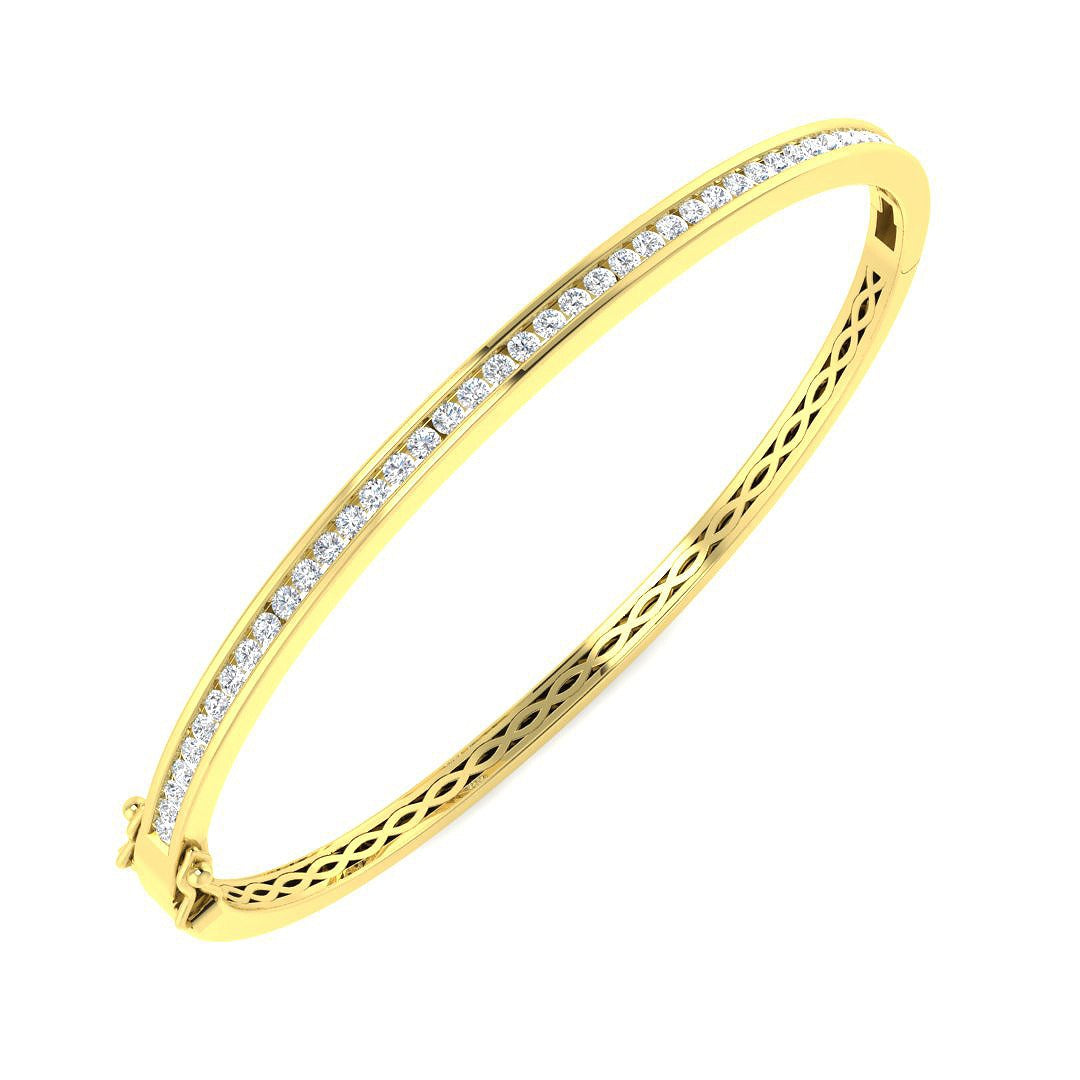 Natural Round Channel Set Diamond Bangle in 9K Yellow Gold with Hinged Box Clasp