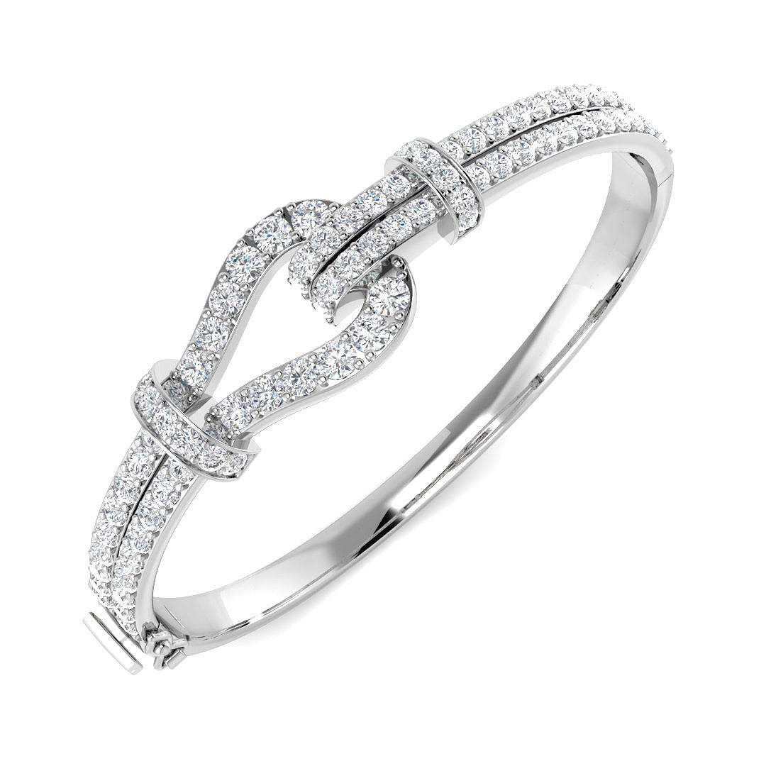 Premium Platinum Natural Round Cut Diamond Knot Design Fancy Bangle with Hinged Lock