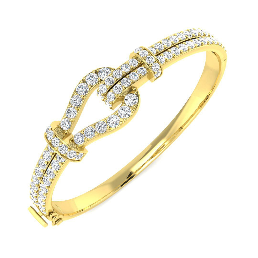 Premium Platinum Natural Round Cut Diamond Knot Design Fancy Bangle with Hinged Lock