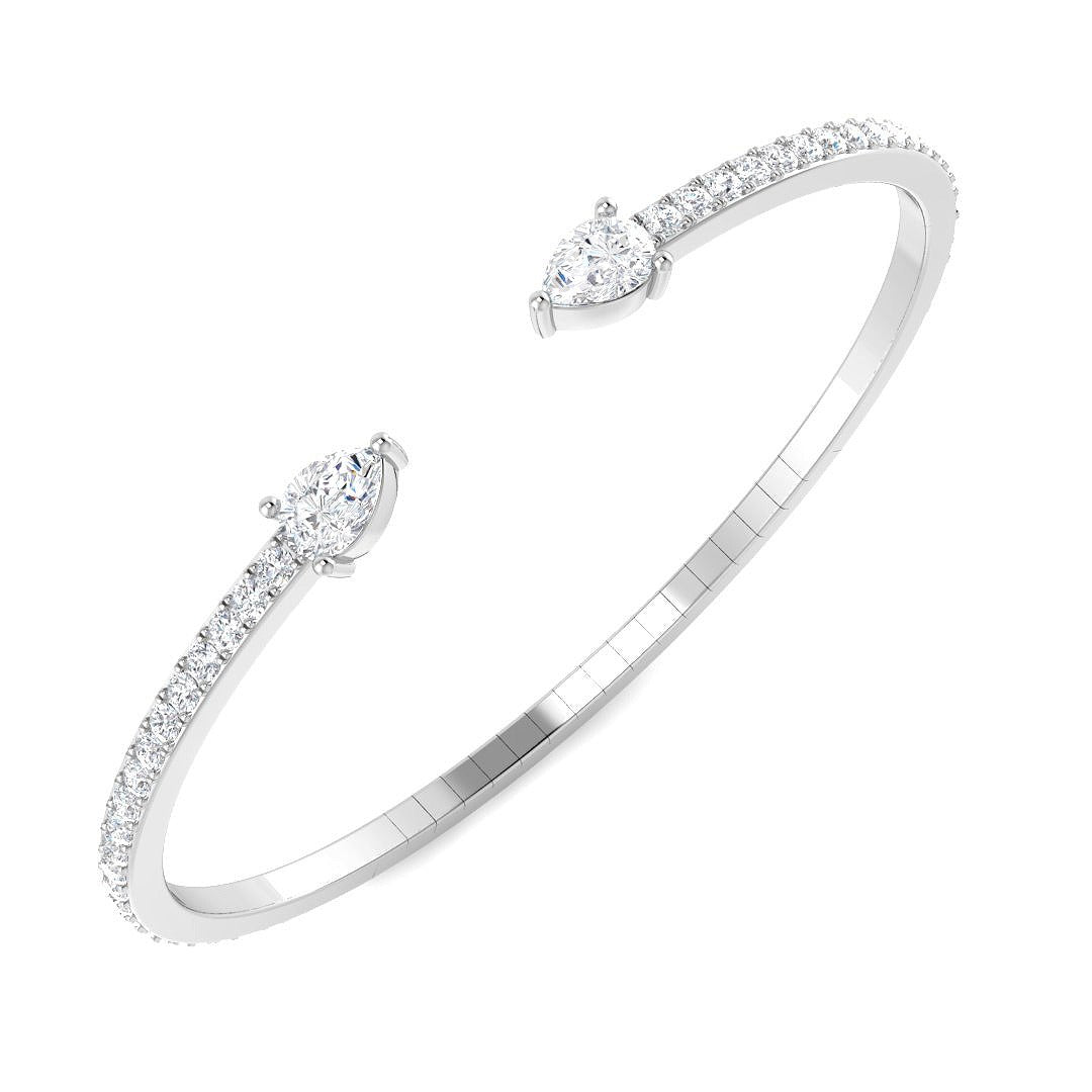 18K White Gold Natural Round Pave Open Cuff Diamond Bangle with Pear Solitaire Ends