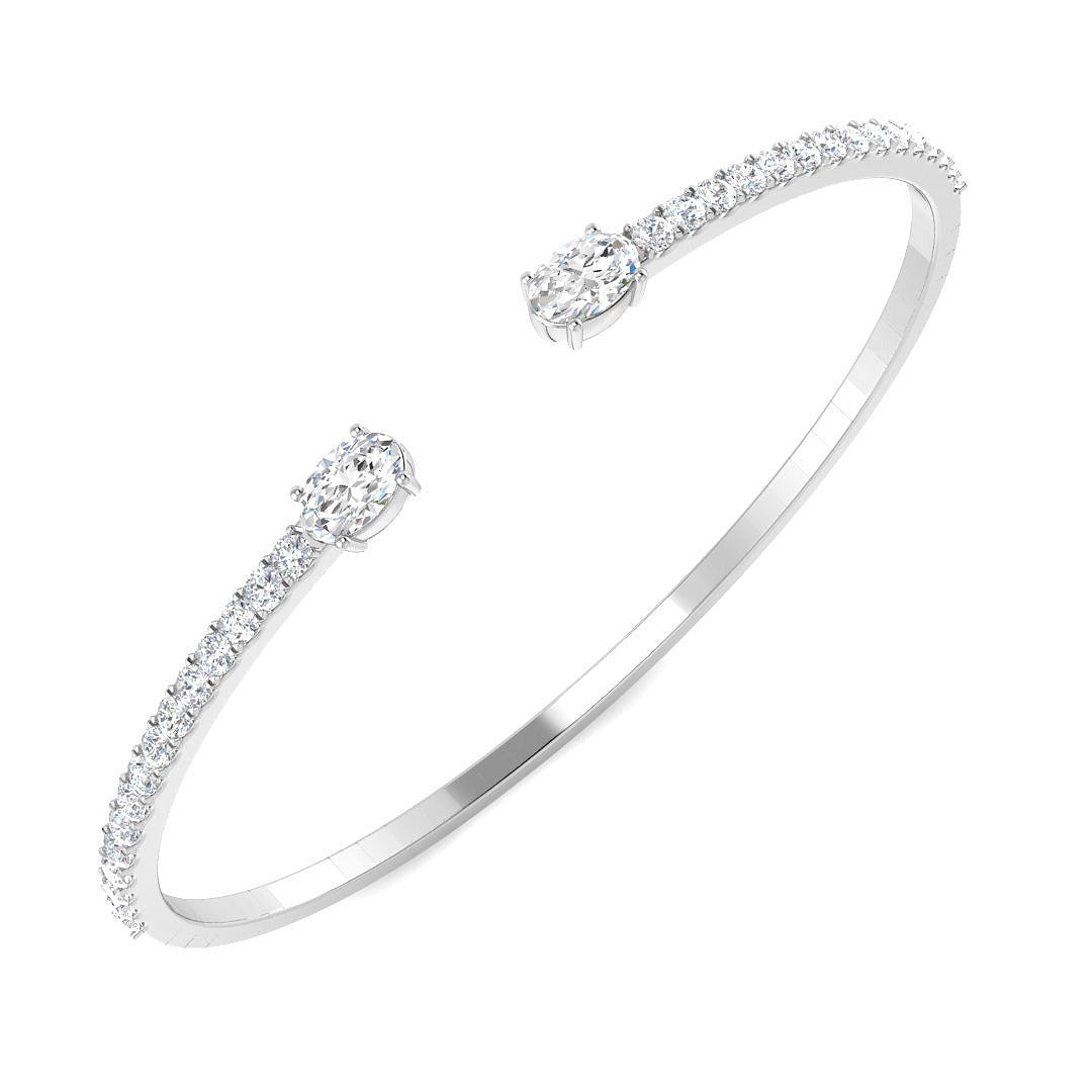 18K Yellow Gold Natural Round Pave Open Cuff Diamond Bangle with Oval Solitaire Ends
