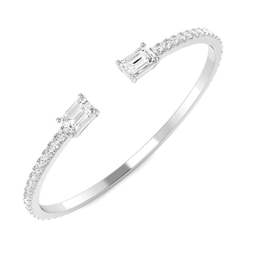 18K Yellow Gold Natural Round Pave Open Cuff Diamond Bangle with Emerald Solitaire Ends