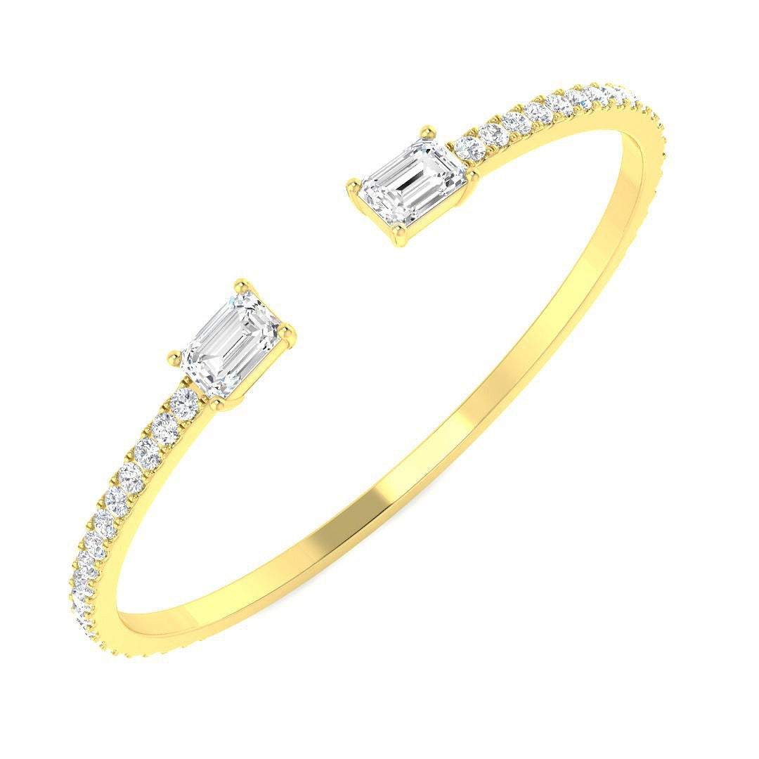 18K Yellow Gold Natural Round Pave Open Cuff Diamond Bangle with Emerald Solitaire Ends