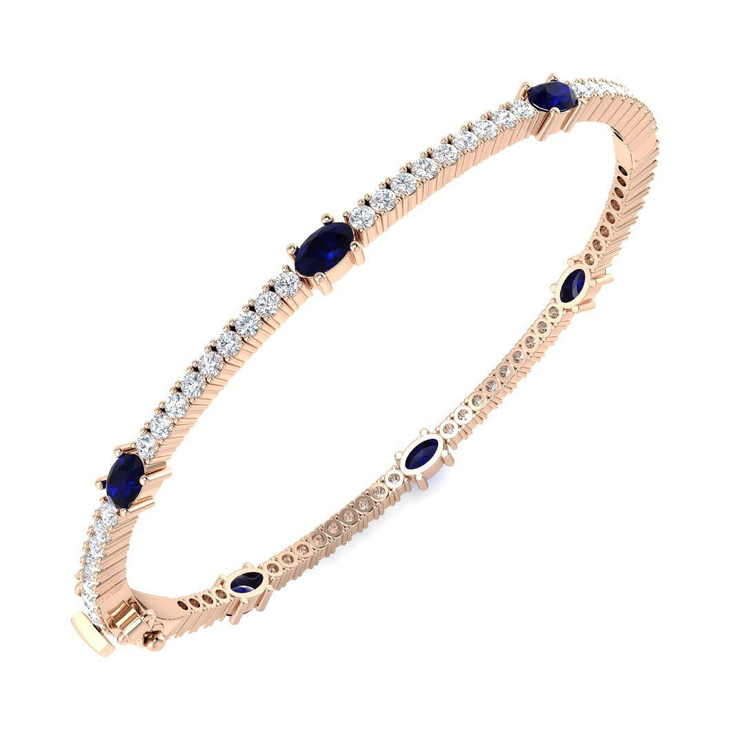 Premium Platinum Natural Round Cut Diamond and Oval Blue Sapphire Prong Set Bangle - Full Eternity Bangle