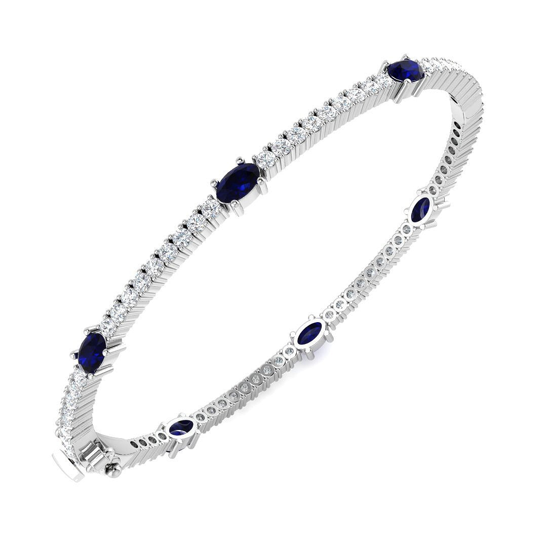 Premium Platinum Natural Round Cut Diamond and Oval Blue Sapphire Prong Set Bangle - Full Eternity Bangle