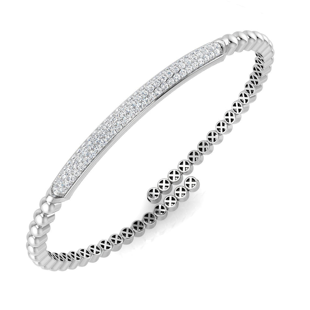 Round Cut Lab Grown Diamond Pave Set Fancy Bangle in Platinum with Hinged Box Lock