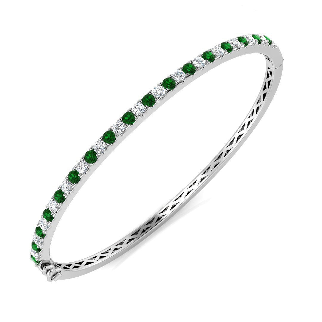 Platinum Natural Round Cut Diamond and Gemstone Half Eternity Prong Set Hinged Bangle