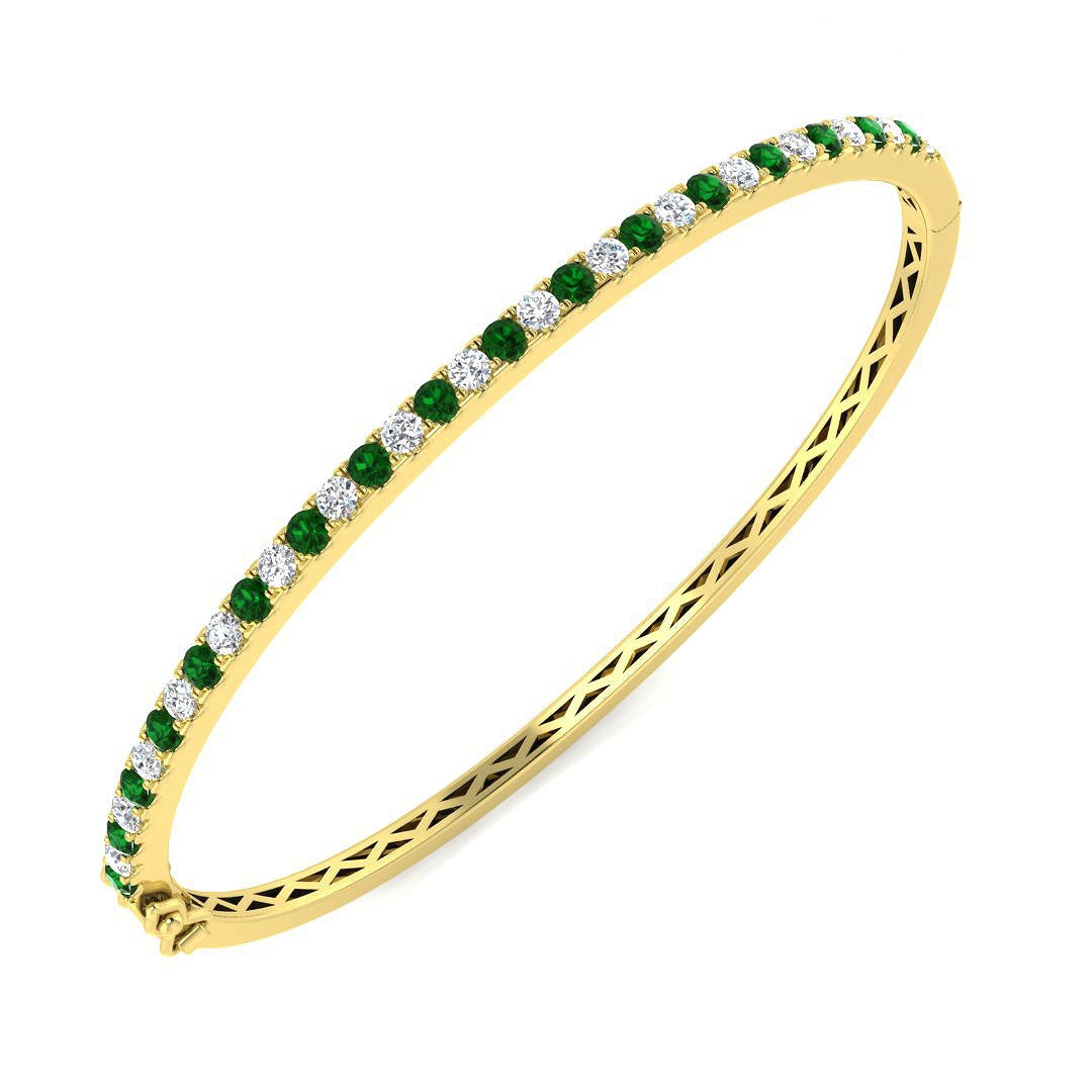 Platinum Natural Round Cut Diamond and Gemstone Half Eternity Prong Set Hinged Bangle