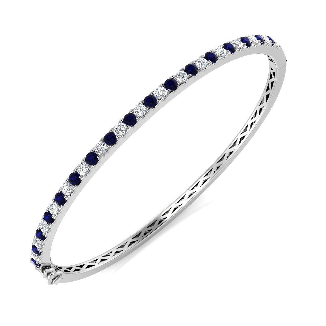 18K White Gold Natural Round Cut Diamond and Blue Sapphire Gemstone Bangle
