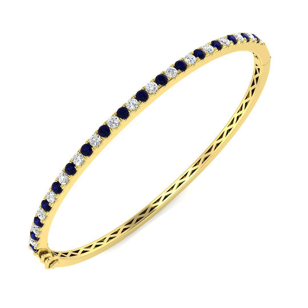 18K White Gold Natural Round Cut Diamond and Blue Sapphire Gemstone Bangle