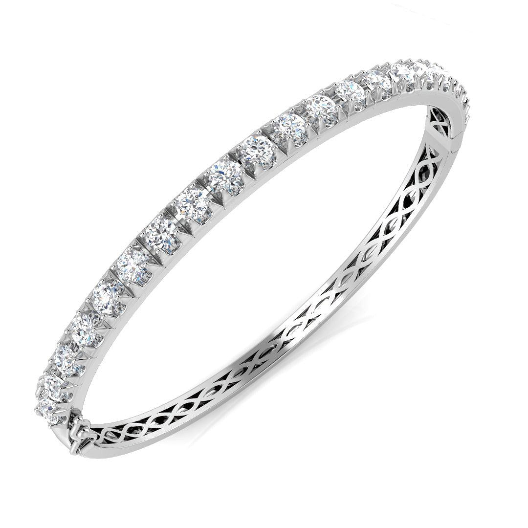 9K White Gold Round Natural Diamond Prong Set Eternity Bangle with Hinged Box Clasp