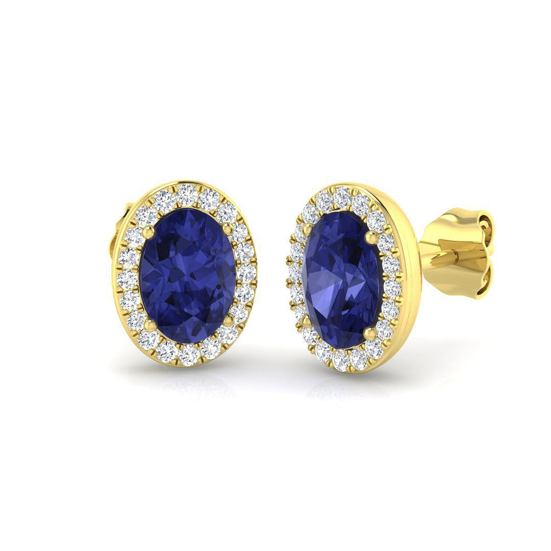 Oval Tanzanite Halo Stud Earrings with Natural Diamonds - Push Back in gold setting