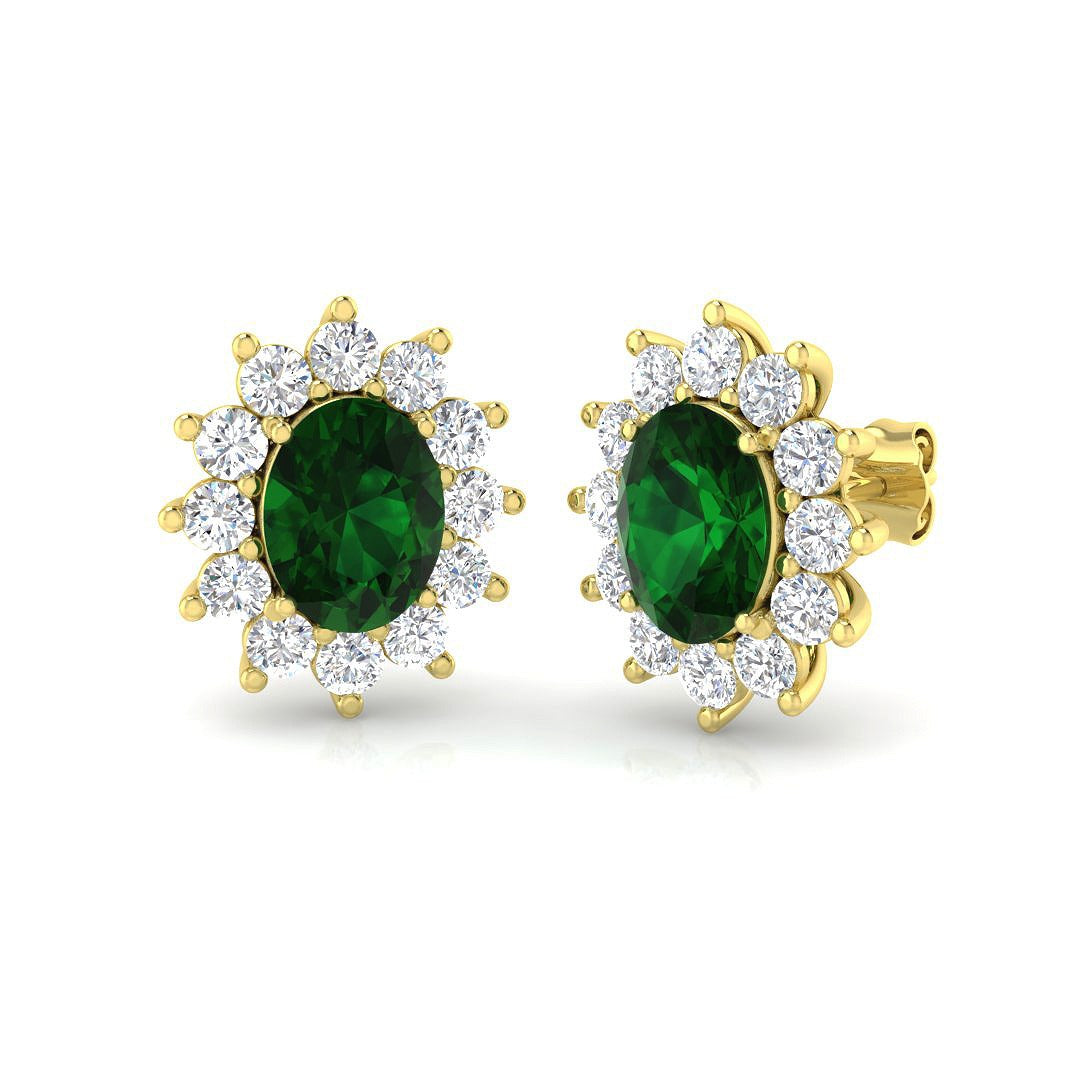 5.12ct Emerald & Lab Diamond Oval Cut Drop Earrings in 9K Yellow Gold