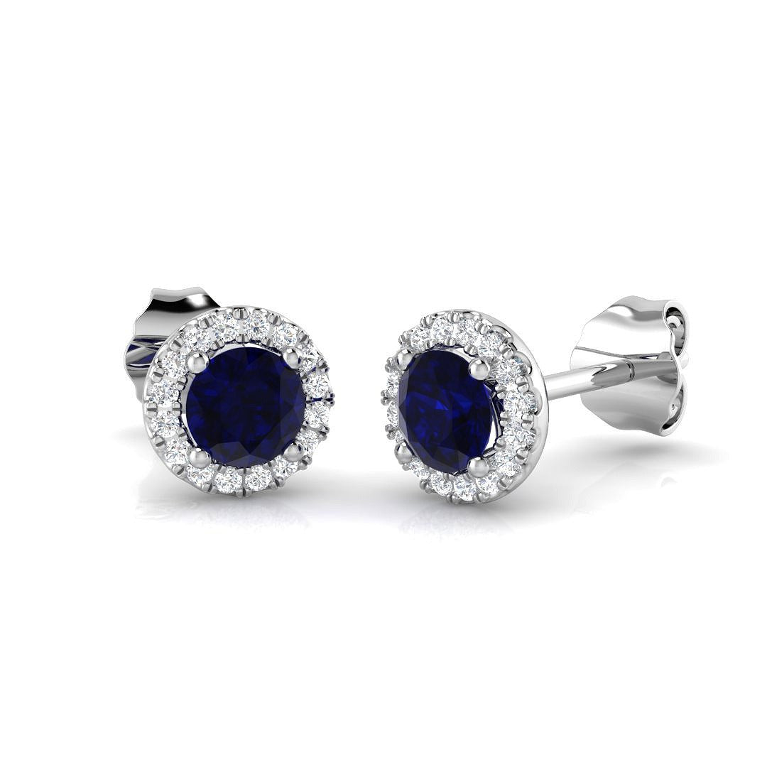 0.81ct Blue Sapphire & Natural Diamond Round Cut Drop Earrings in 18K White Gold