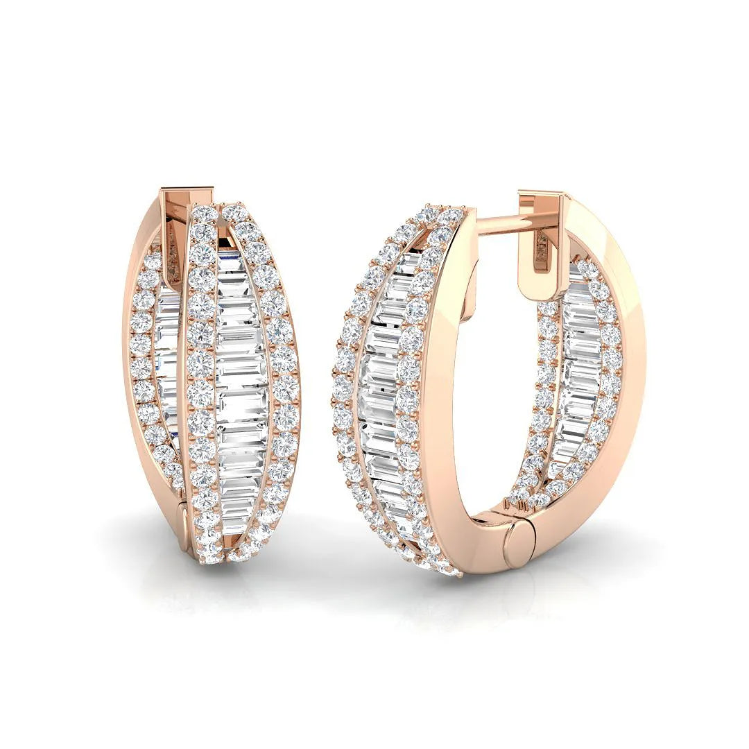 Natural & Lab-Grown Round Cut Diamond Hoop Earrings | Baguette Bezel & Pavé Setting | 9K/18K Gold, Platinum