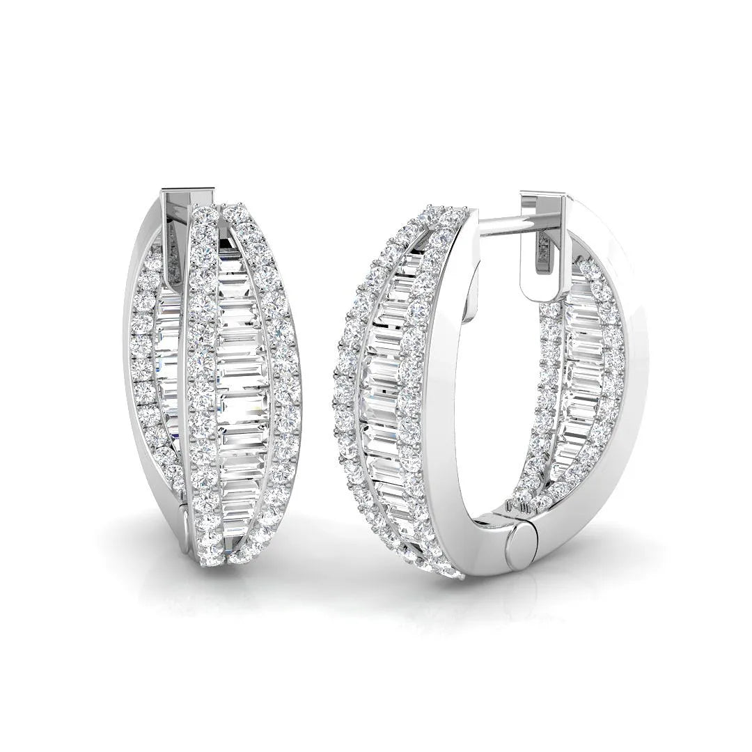 Natural & Lab-Grown Round Cut Diamond Hoop Earrings | Baguette Bezel & Pavé Setting | 9K/18K Gold, Platinum
