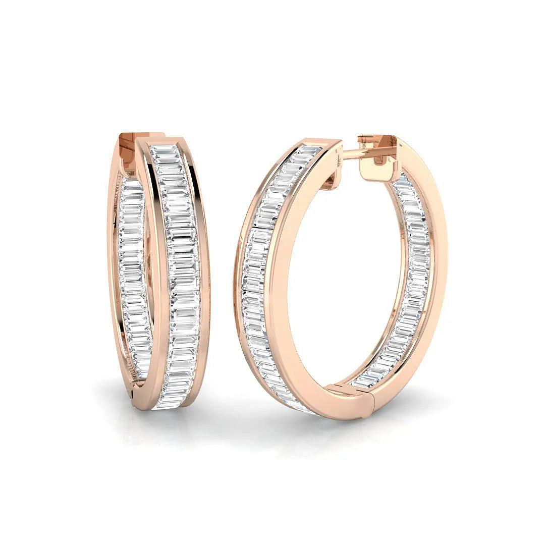 Boucles d'oreilles créoles en or serties de diamants baguette naturels et de synthèse de 1,30 carat - Diamant certifié