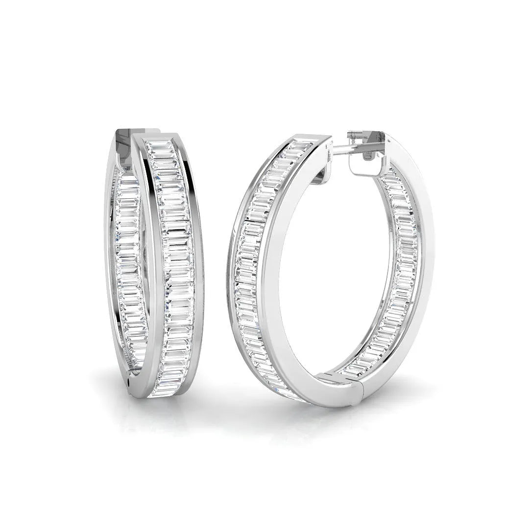 Boucles d'oreilles créoles en or serties de diamants baguette naturels et de synthèse de 1,30 carat - Diamant certifié