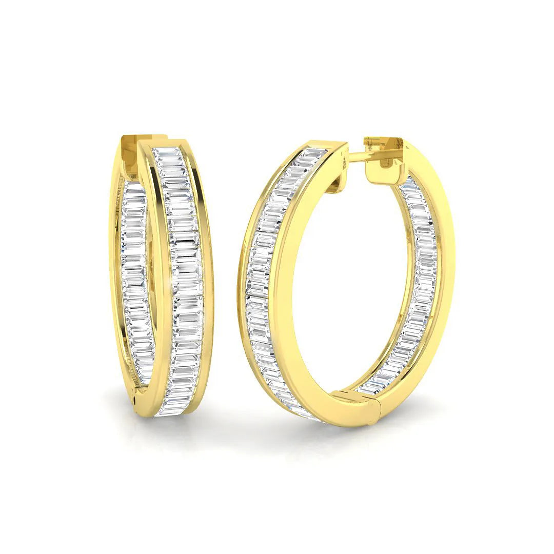 Boucles d'oreilles créoles en or serties de diamants baguette naturels et de synthèse de 1,30 carat - Diamant certifié