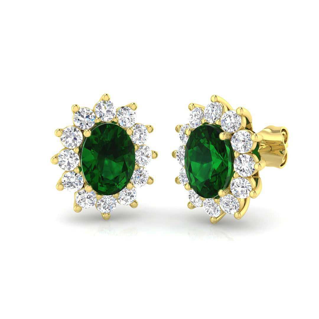 3.31ct Emerald & Lab Diamond Oval Cut Drop Earrings in 9K Yellow Gold
