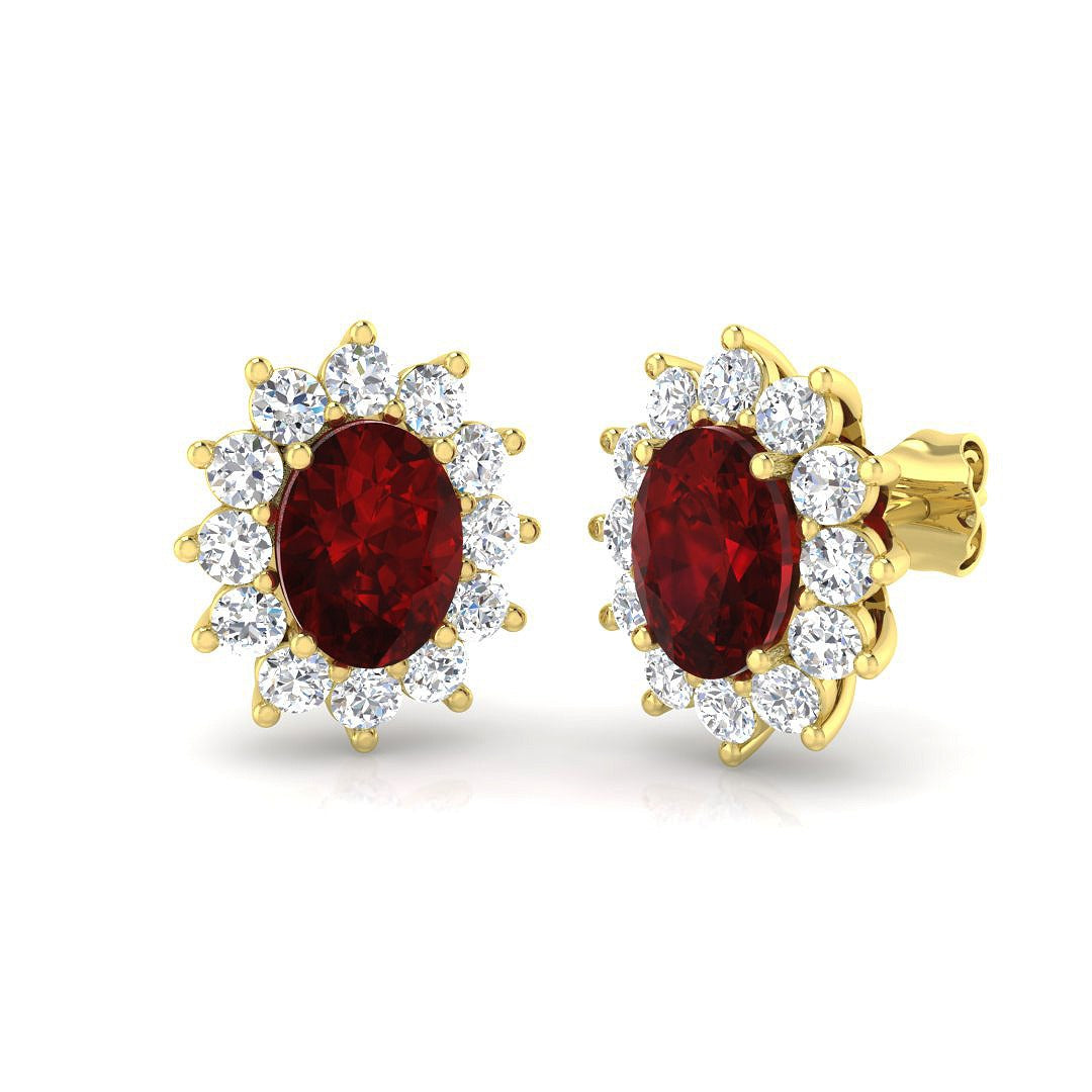 4.25ct Ruby & Lab Diamond Oval Cut Drop Earrings in 9K Yellow Gold