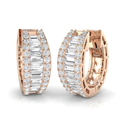 1.40 Ct Natural & Lab-Grown Baguette & Round Cut Diamond Hoop Earrings | Bezel & Pavé Setting | 9K/18K Gold, Platinum