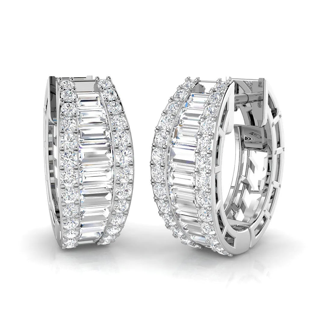 1.40 Ct Natural & Lab-Grown Baguette & Round Cut Diamond Hoop Earrings | Bezel & Pavé Setting | 9K/18K Gold, Platinum
