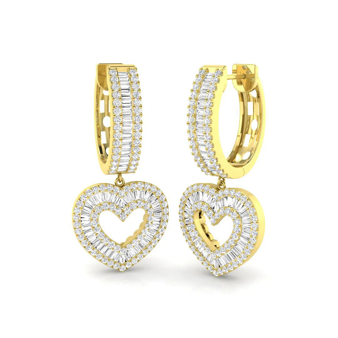 Boucles d'oreilles pendantes en or poinçonné, serties de diamants ronds et baguette de 1,75 carat