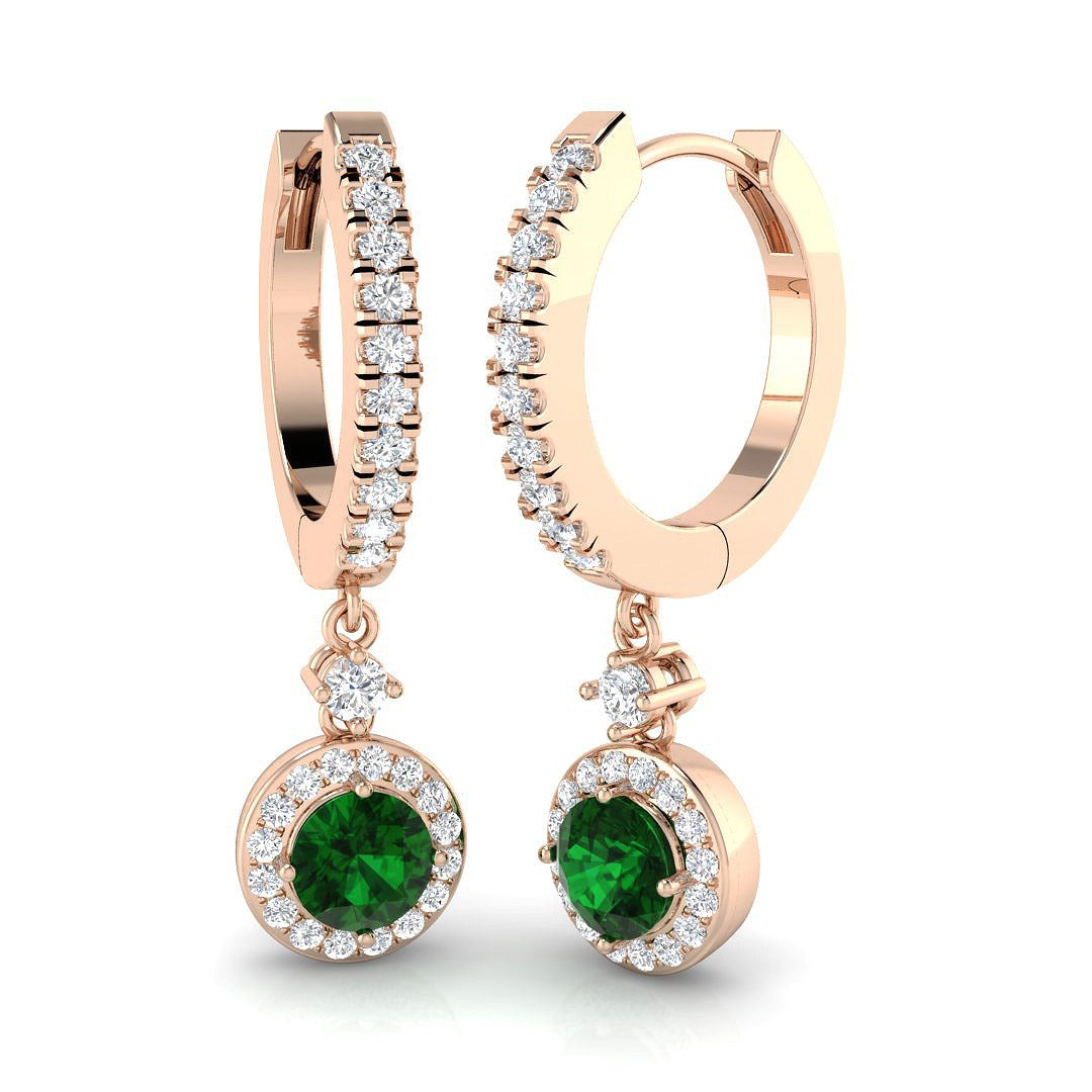 Green emerald halo hoop earrings in rose gold featuring pave diamonds