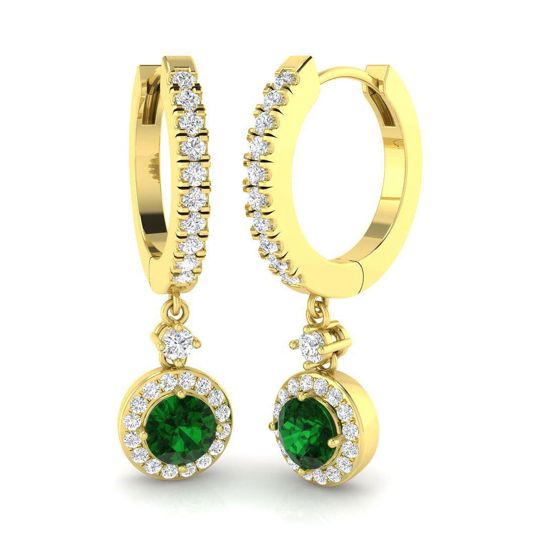 Green emerald halo hoop earrings crafted in yellow gold with diamond halo