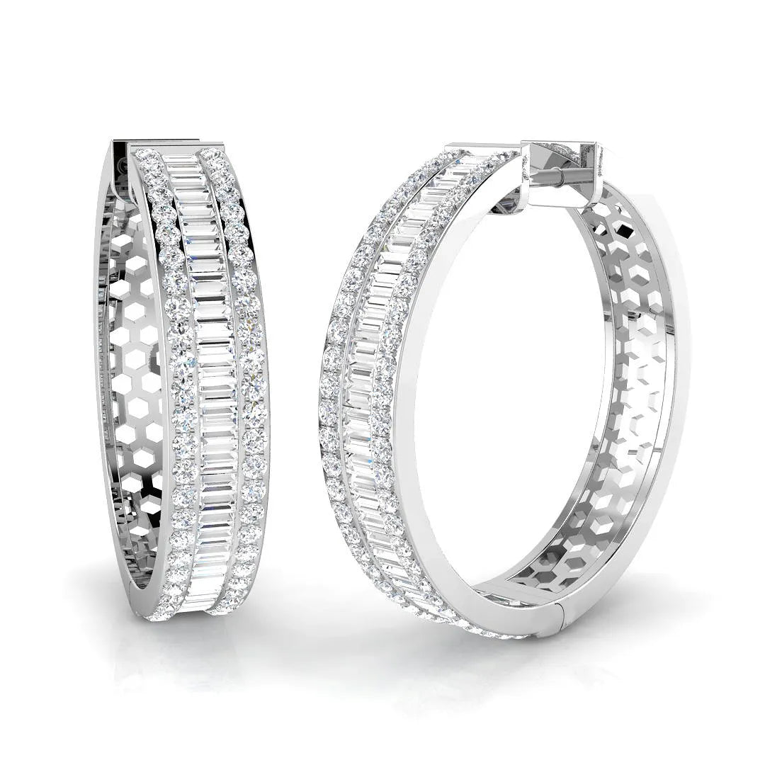 2.50 Ct Natural / Lab-Grown Baguette & Round Diamond Hoop Earrings in Pavé & Channel Set