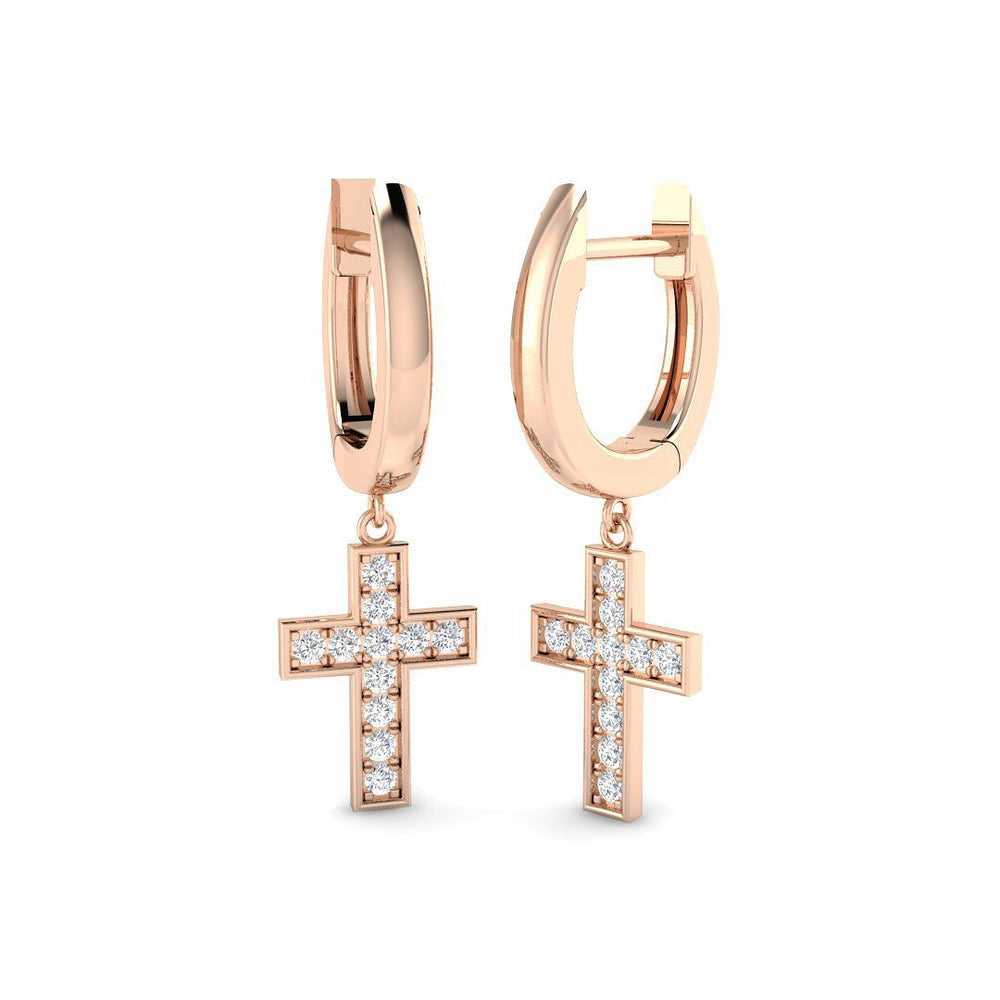 Rose gold hoop earrings with cross pendants on a white background