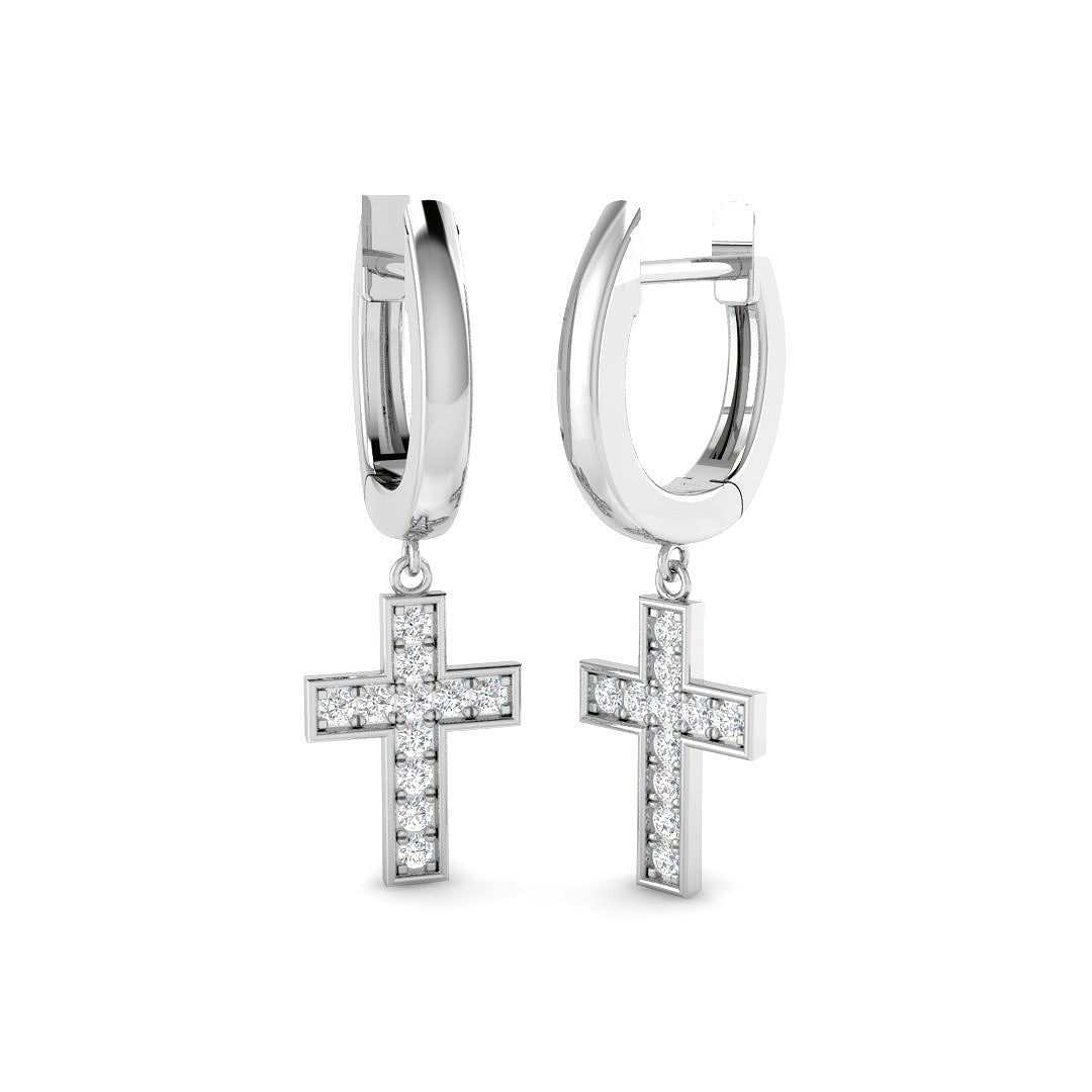 Silver hoop earrings with cross pendants on a white background