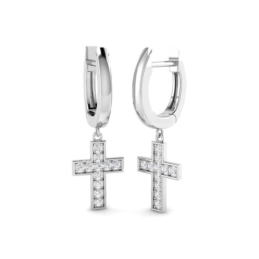 Silver hoop earrings with cross pendants on a white background
