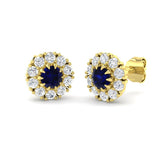 Blue Sapphire Halo Stud Earrings in Yellow Gold