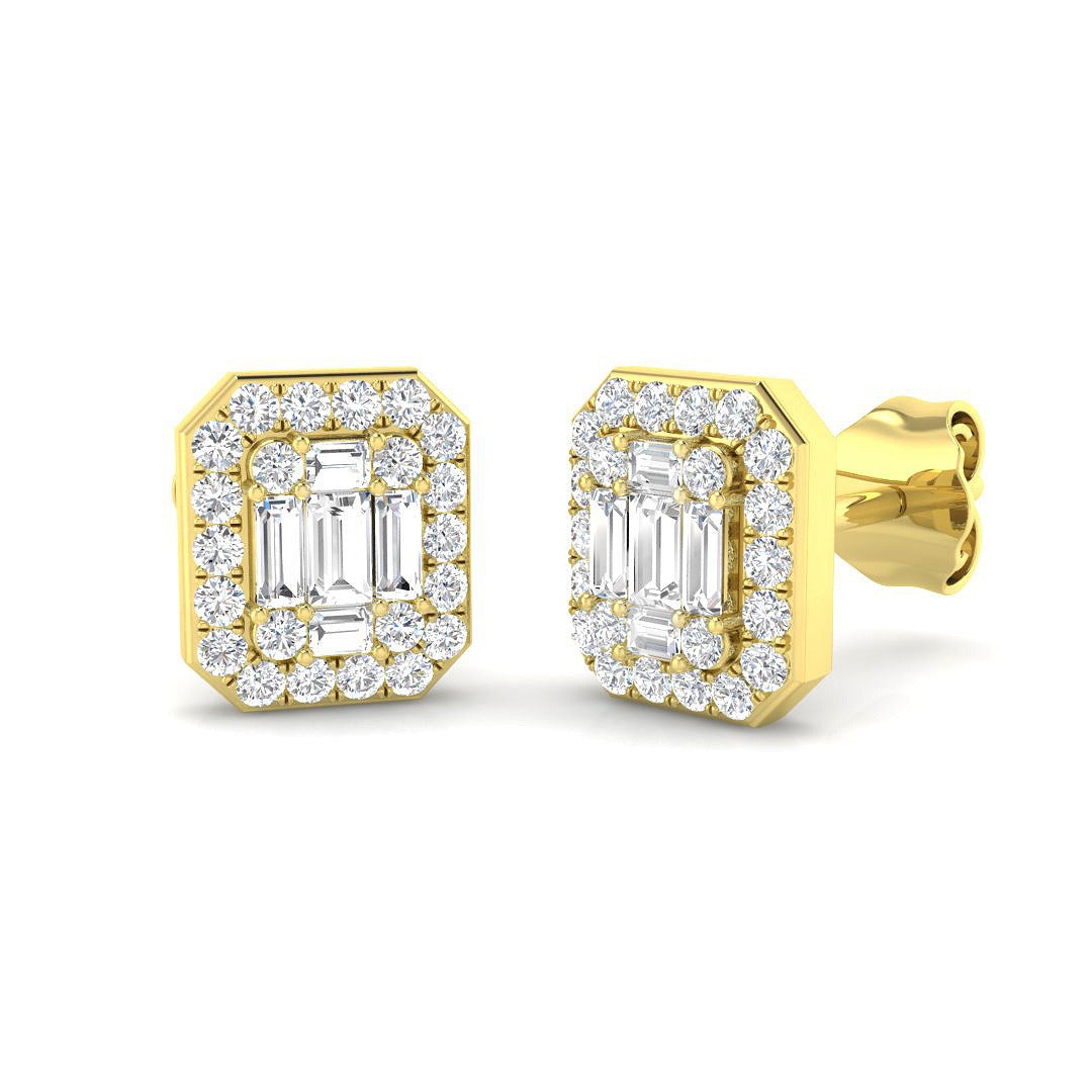 Stud Earrings with Octagon Diamond Halo Cluster | 1ct Gold