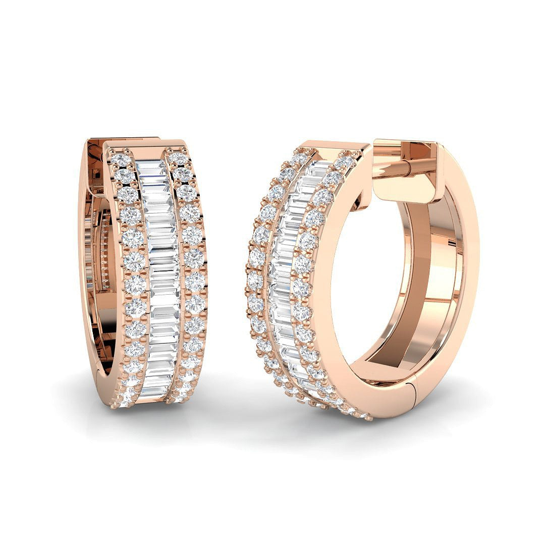 Hoop Earrings with Triple Row Diamonds Baguette and Brilliant Gold