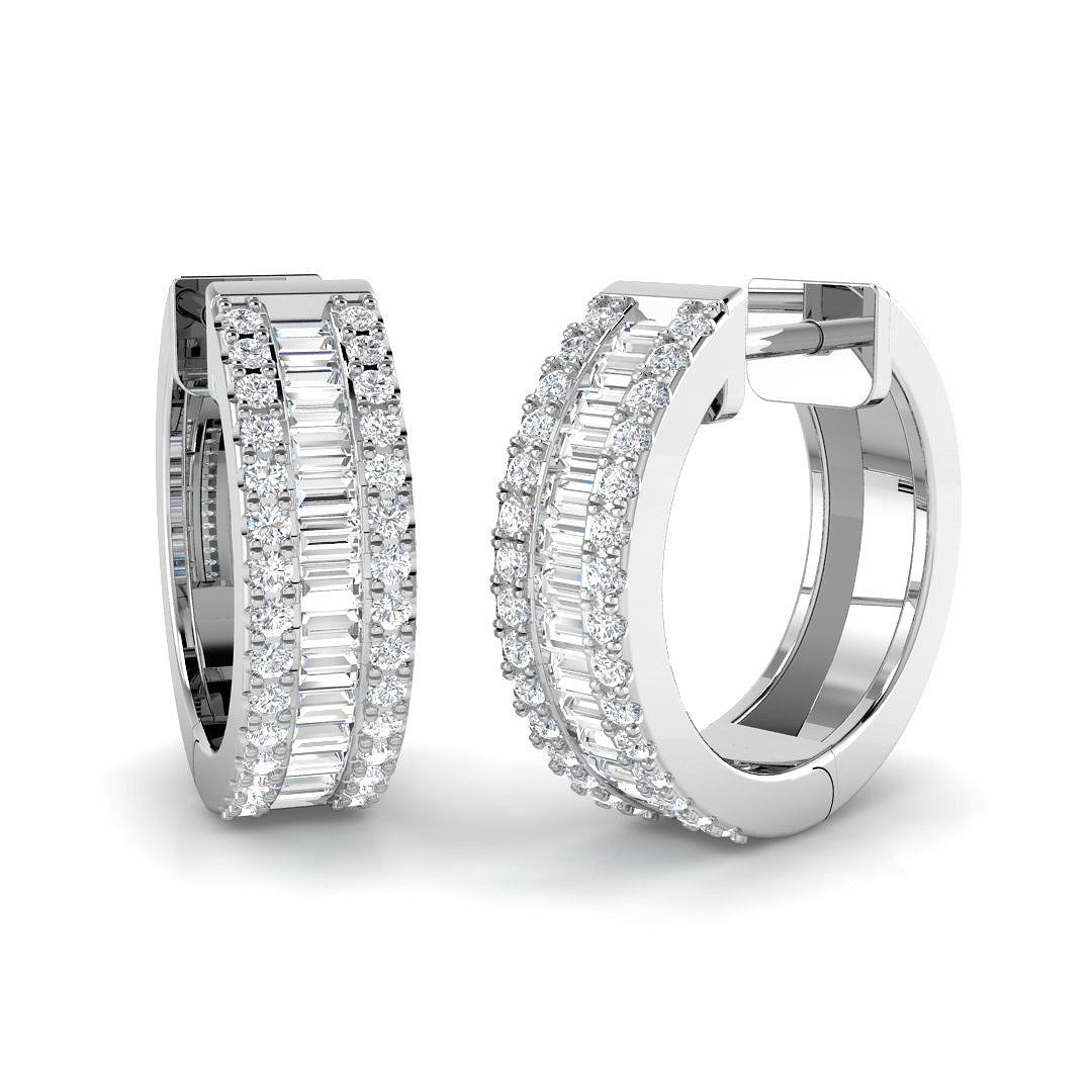 Hoop Earrings with Triple Row Diamonds Baguette and Brilliant Gold