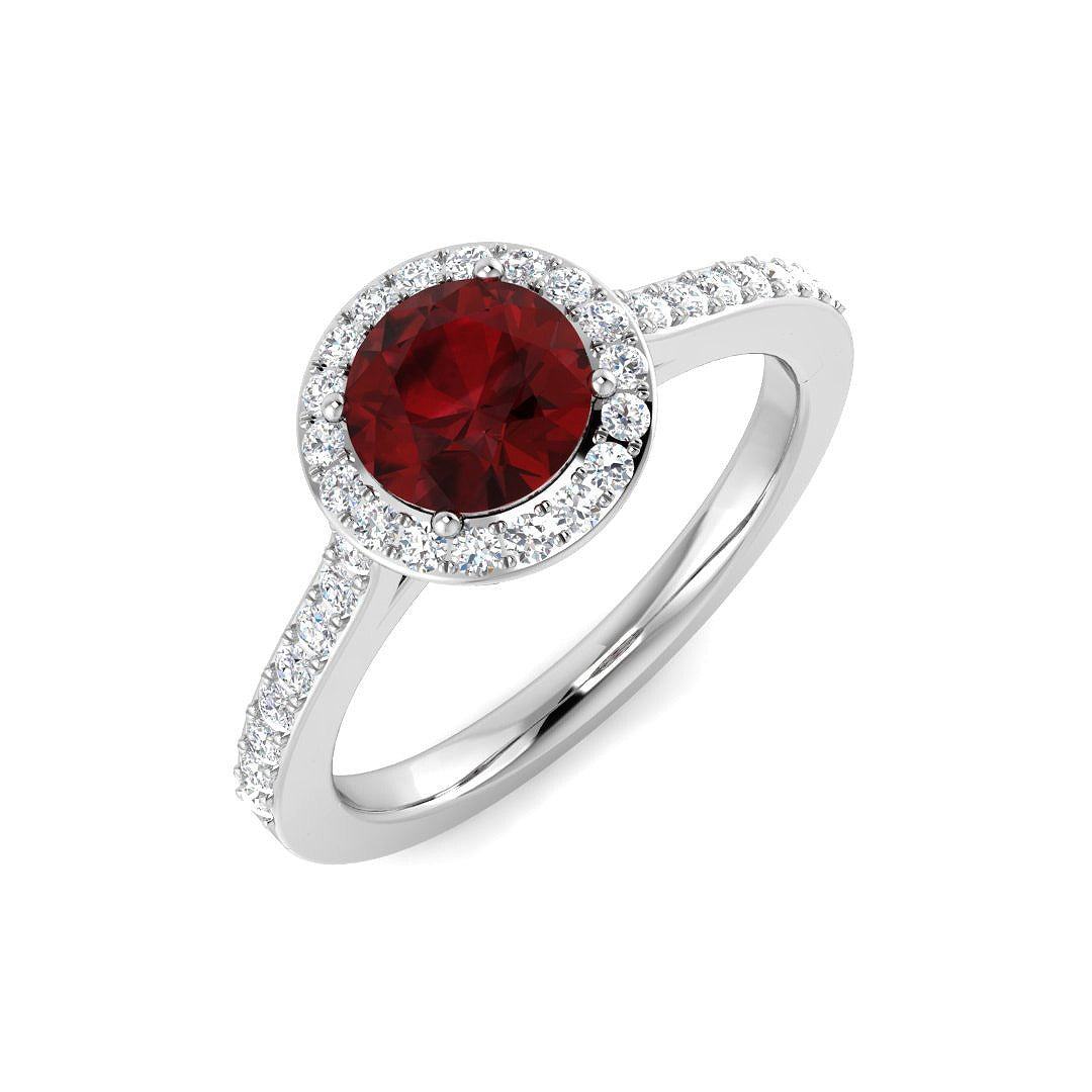 Solitaire Garnet Halo Ring with Diamond Pave Band | Engagement Ring