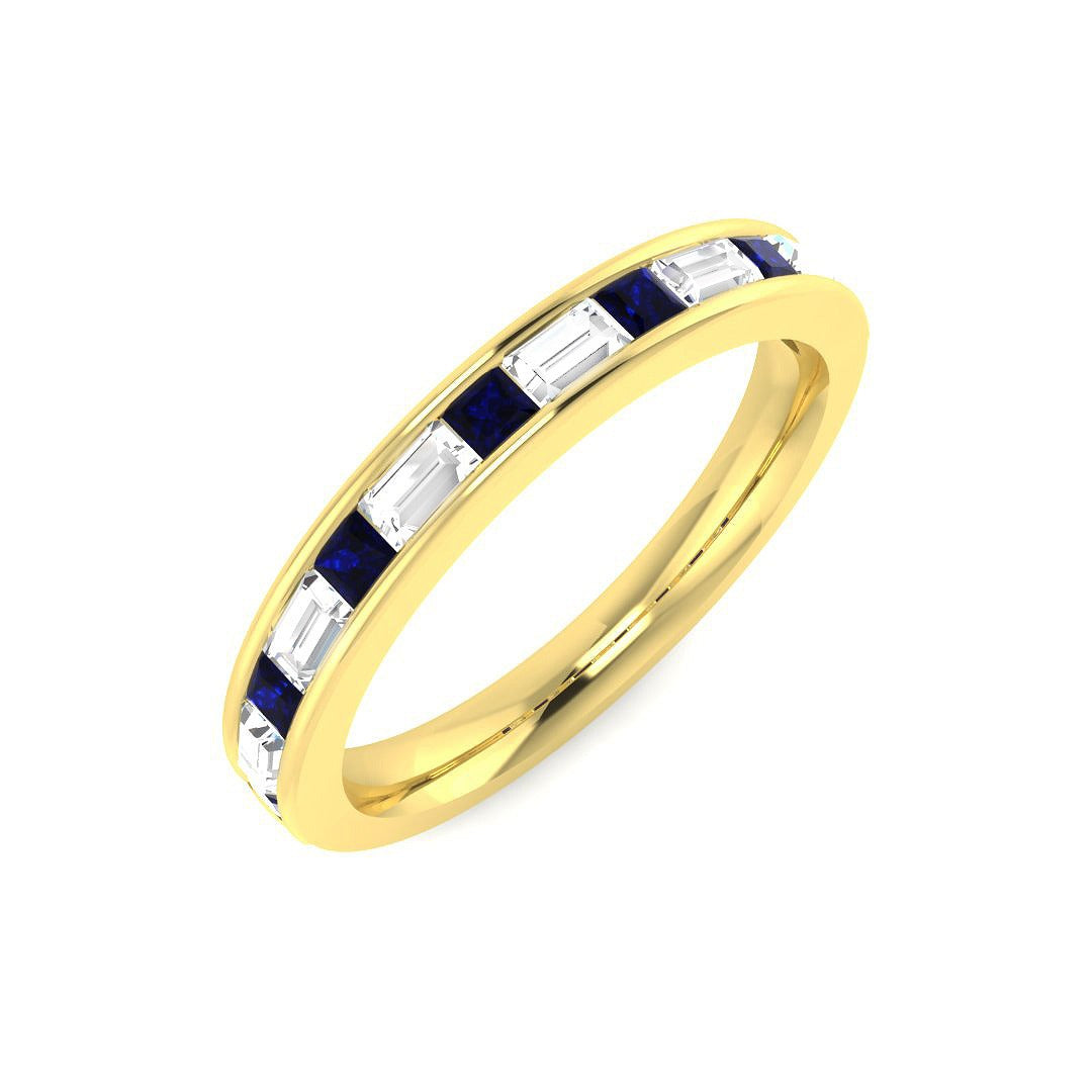 Baguette Cut Blue Sapphire Half Eternity Ring with Natural Diamond | UK Hallmarked