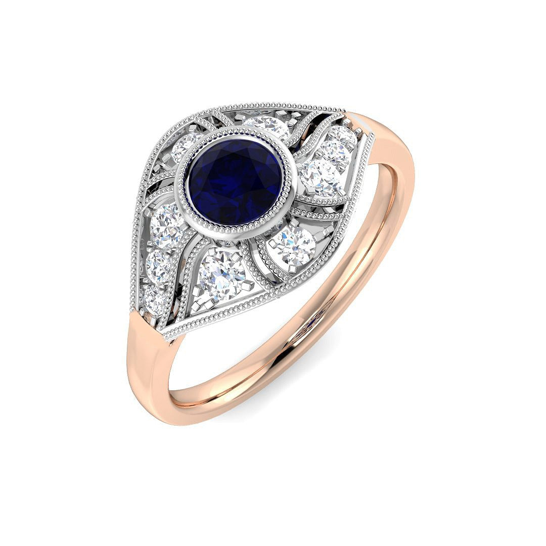 Vintage Blue Sapphire Halo Ring in Milgrain Round Pave Set | Engagement Ring